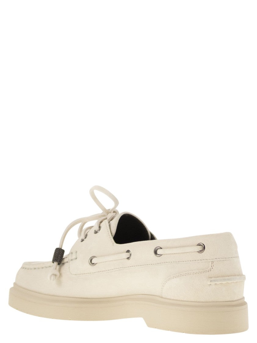 Brunello Cucinelli Penny Loafer Sail In Camoscio Con Shiny Aglets