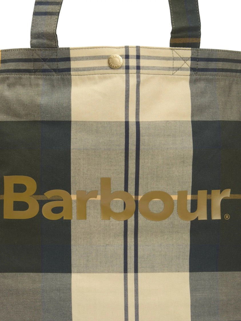 Barbour Checkered Pattern Tote Bag With Bold Logo And Zippered Pocket
