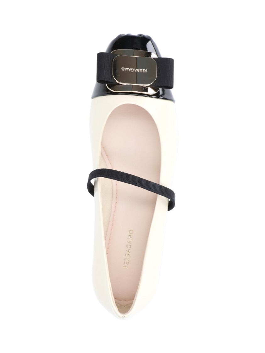 Ferragamo Cream Flat Shoes With Glossy Black Toe Cap