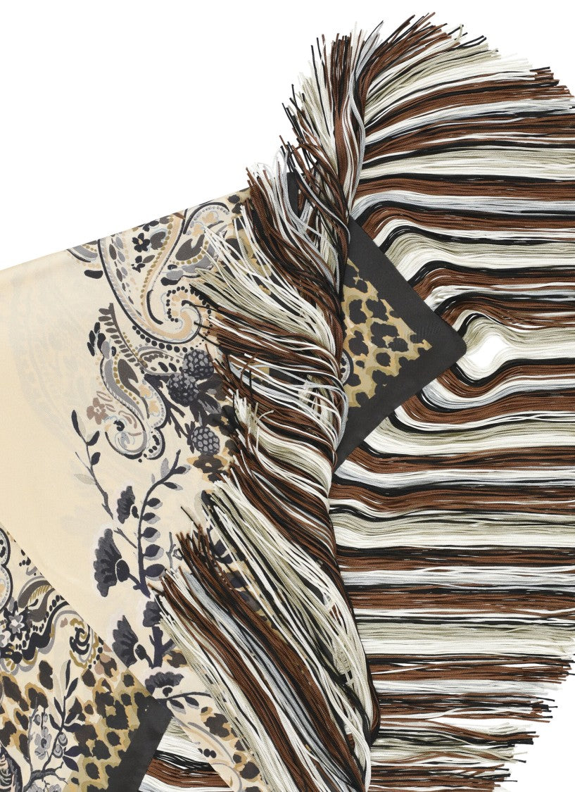 Etro Triangular Silk Scarf With Fantasy Motif And Fringed Edges