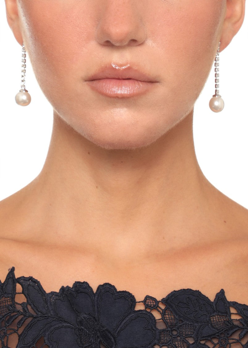 Self-Portrait Silver Drop Earrings With Crystals And Pearl Pendant