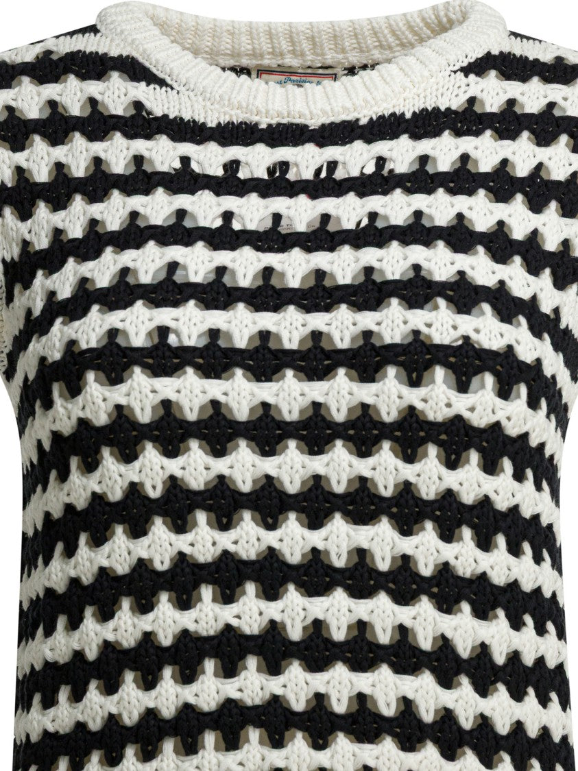 Ines De La Fressange Textured Knit Top With Alternating Stripes And Ribbed Edges