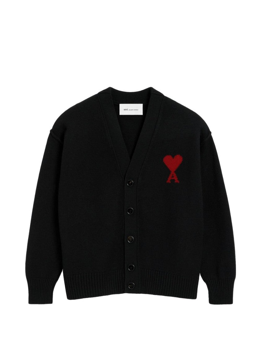 Ami Paris Black Knit Cardigan With V-Neck And Heart Detail