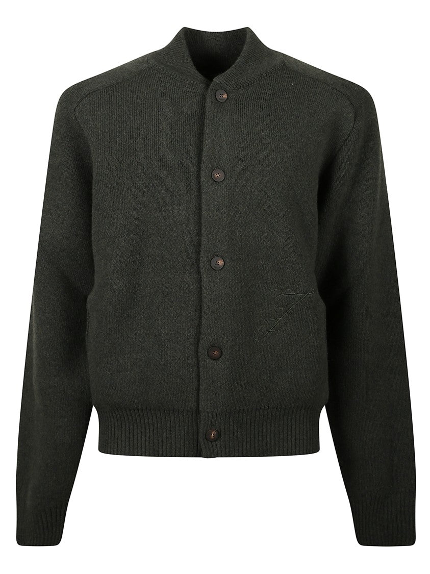Jacquemus Dark Green Wool Cardigan With Ribbed Collar