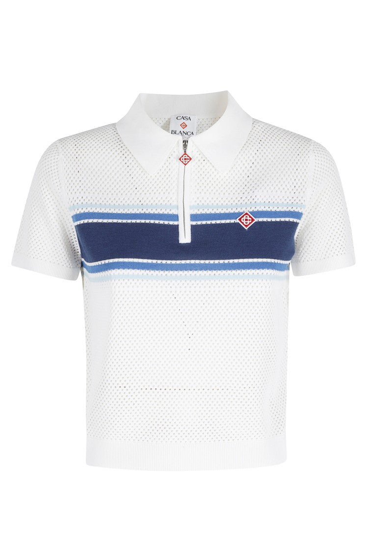 Casablanca White Mesh Stripe Zip-Collar Cotton Polo Shirt