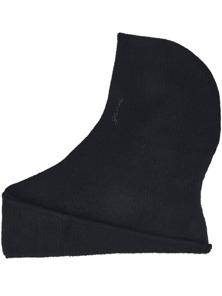 Ganni Textured Black Wool Balaclava With Delicate Logo