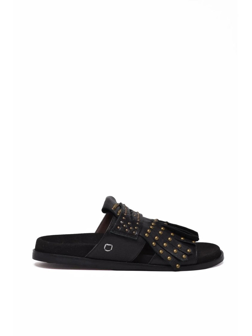 Collection Privee? Black Fringed Minimalist Leather Slide Sandals