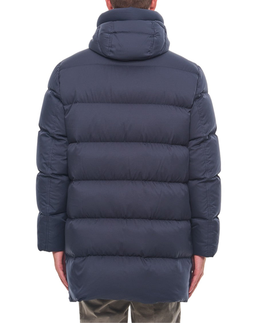Herno Blue Hooded Long Faux-Fur Collar Down Jacket