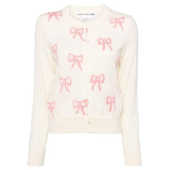 Comme Des Garçons Wool Cardigan With Delicate Pink Bow Design