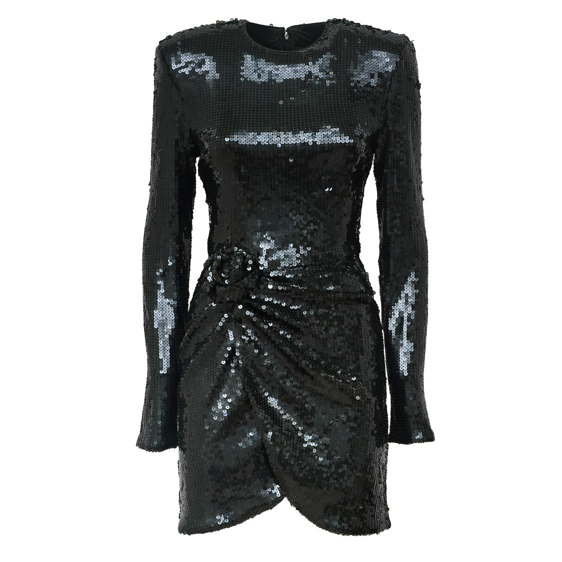 Rotate Fitted Black Sequined Mini Dress With Draped Floral Detail