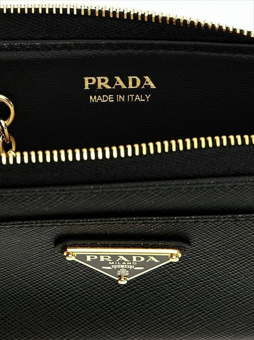 Prada Textured Calf Leather Card Wallet With Zip Closure And Gold-Tone Hardware