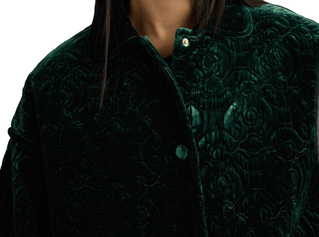 Momonì Embossed Floral Velvet Green Coat With Relaxed Fit