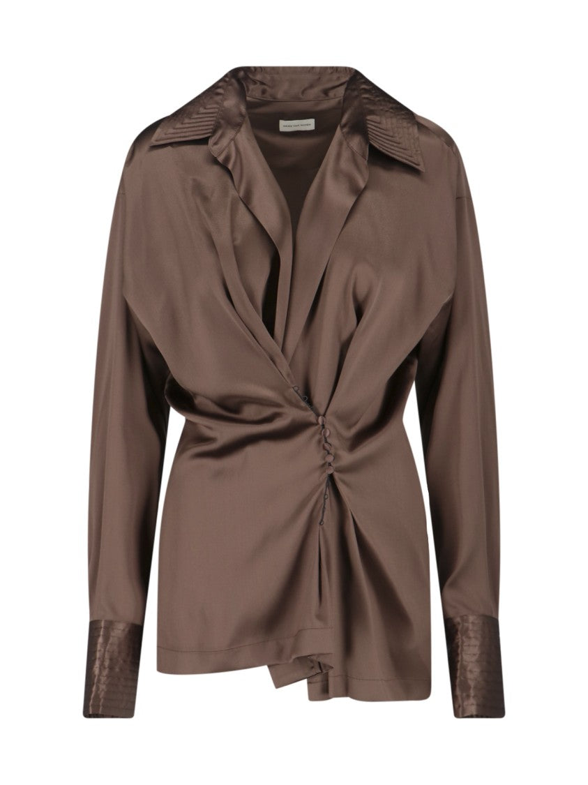 Dries Van Noten Draped Silk Blend Shirt – Brown