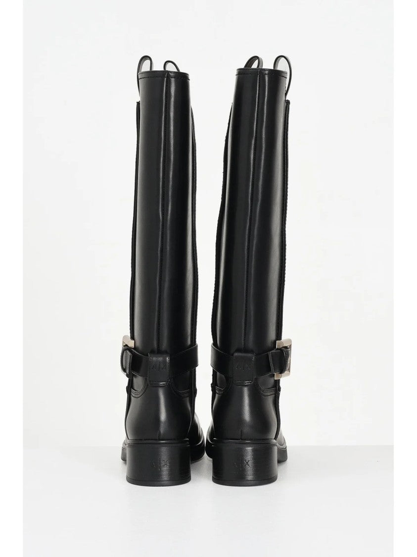 Armani Exchange Black Polyester Buckle Biker Boots