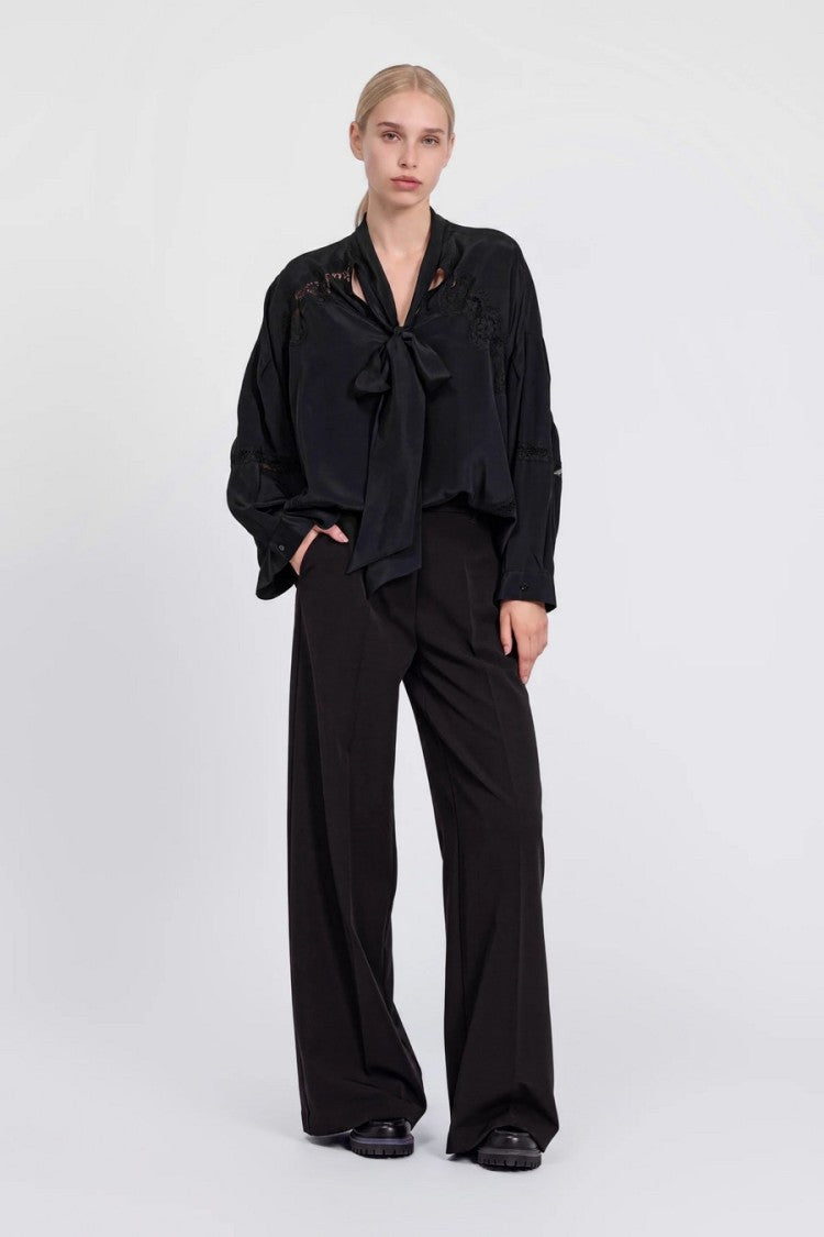 Ermanno Black Neck Tie Lace Insert Acetate-Blend Blouse