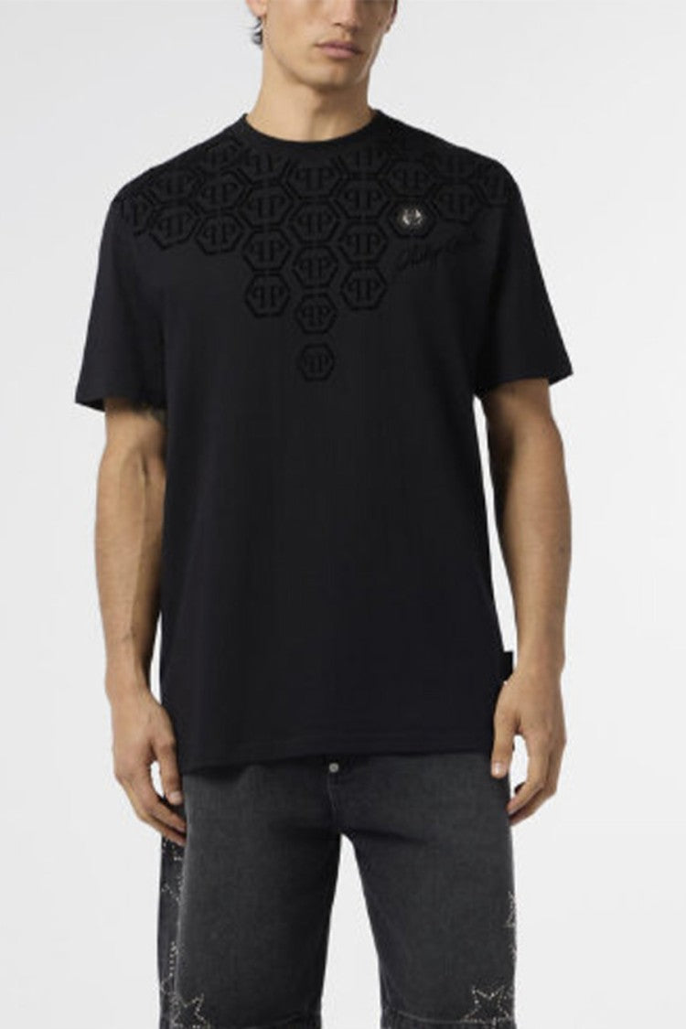 Philipp Plein Black Tonal Degrade Hexagon Monogram Cotton T-Shirt