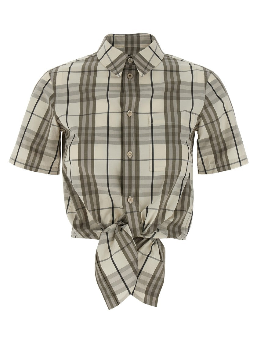 Burberry Check Print Cropped Cotton Shirt With Knotted Waist