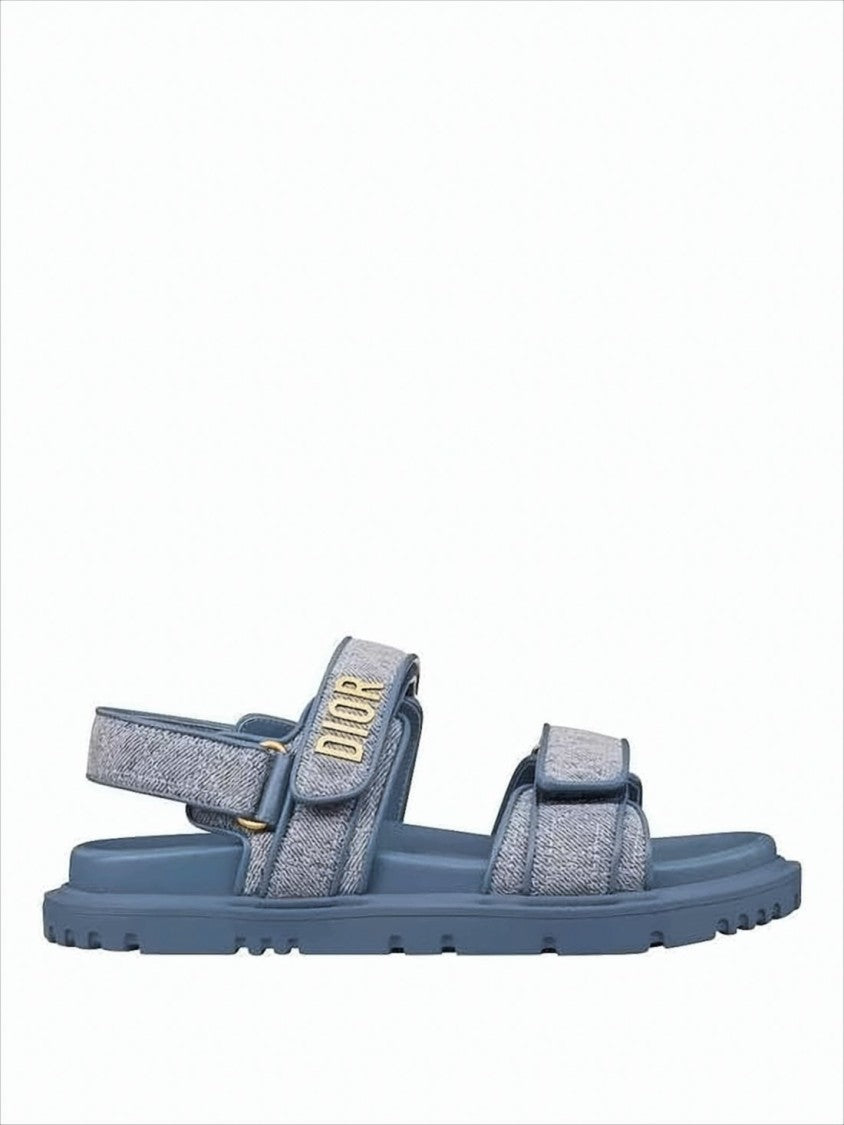 Christian Dior Textured Blue Sandals With Adjustable Straps And Gold-Tone Detailing