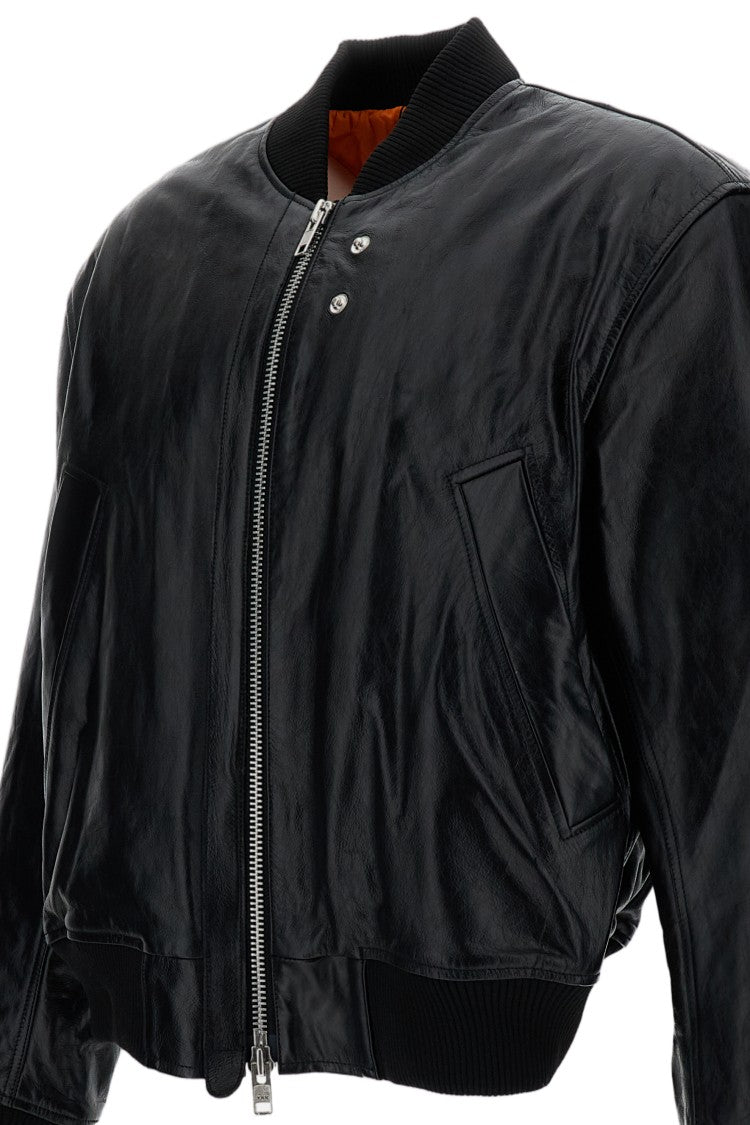 Sunflower Black Leather Quilted Flight Bomber Jacket