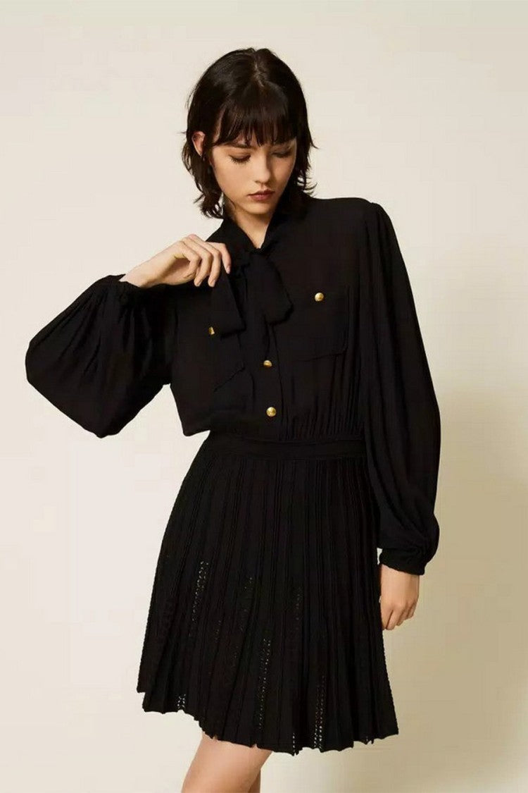 Twin-Set Black Polyamide-Viscose Blend Tie-Neck Pleated Dress