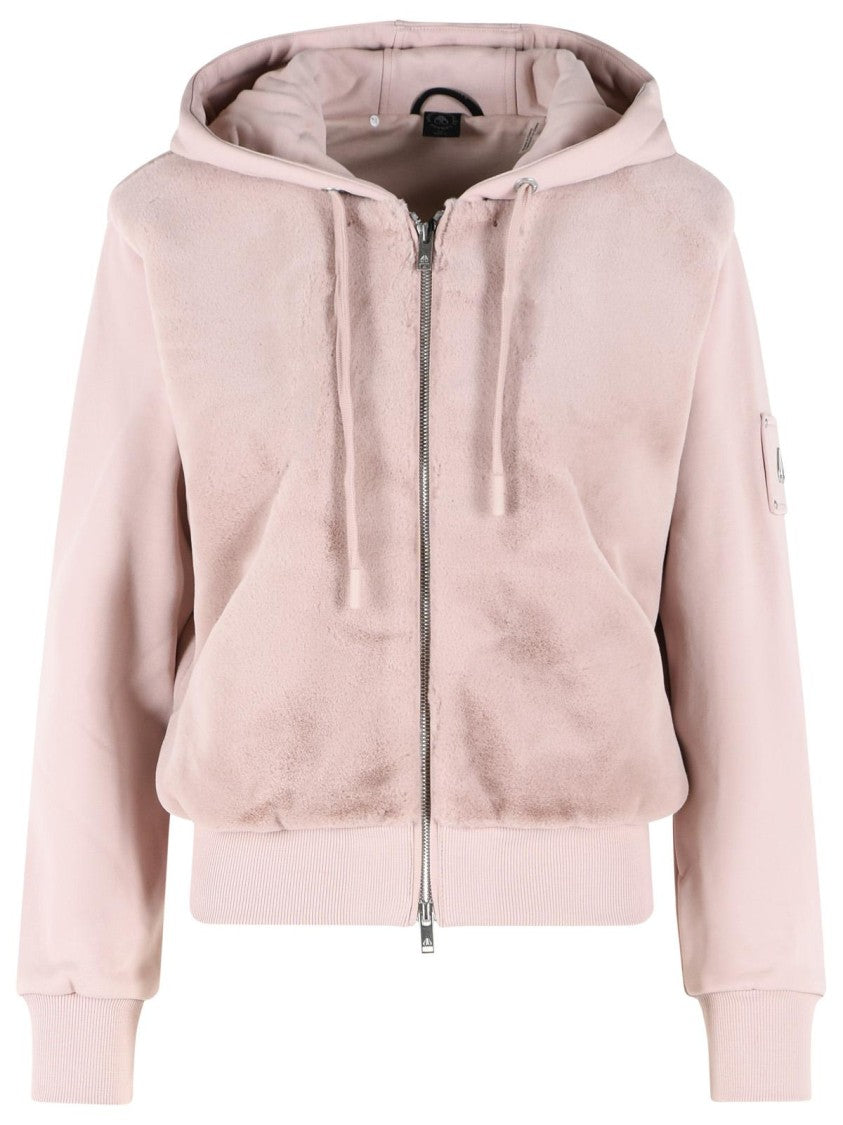 Moose Knuckles Plush Pink Cotton Sweatshirt With Drawstring Hood And Bunny Application