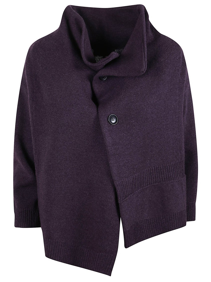 Yohji Yamamoto Burgundy Wool Cardigan With Asymmetric Hem And Snap Closure