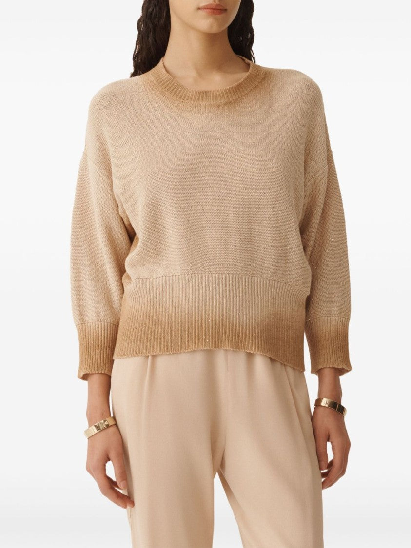 Fabiana Filippi Ribbed Beige Sweater With Classic Round Neckline