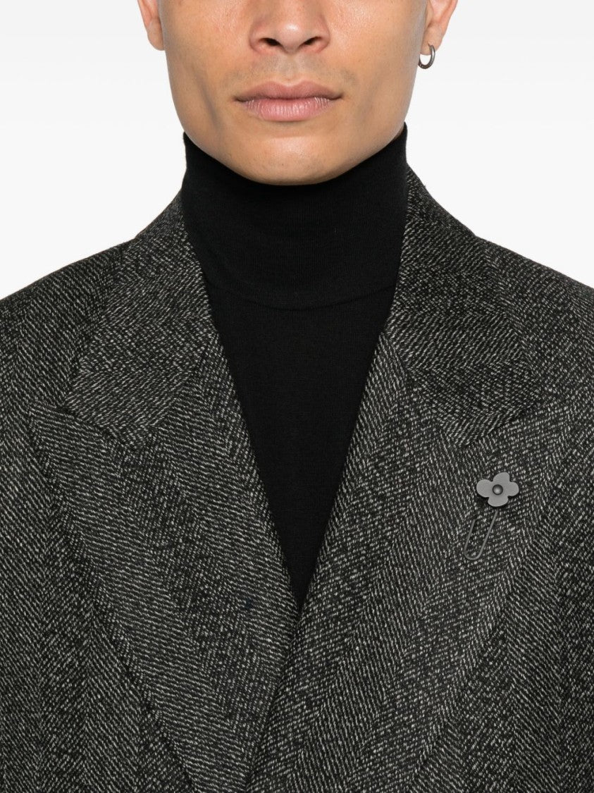 Lardini Double-Breasted Black Herringbone Coat