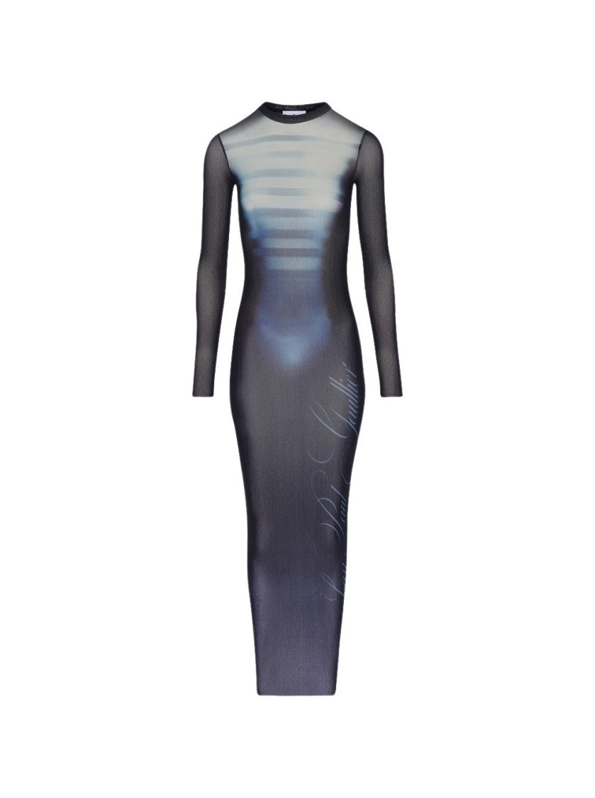 Jean Paul Gaultier Le Male Printed Mesh Crew Neck Long Dress Navy