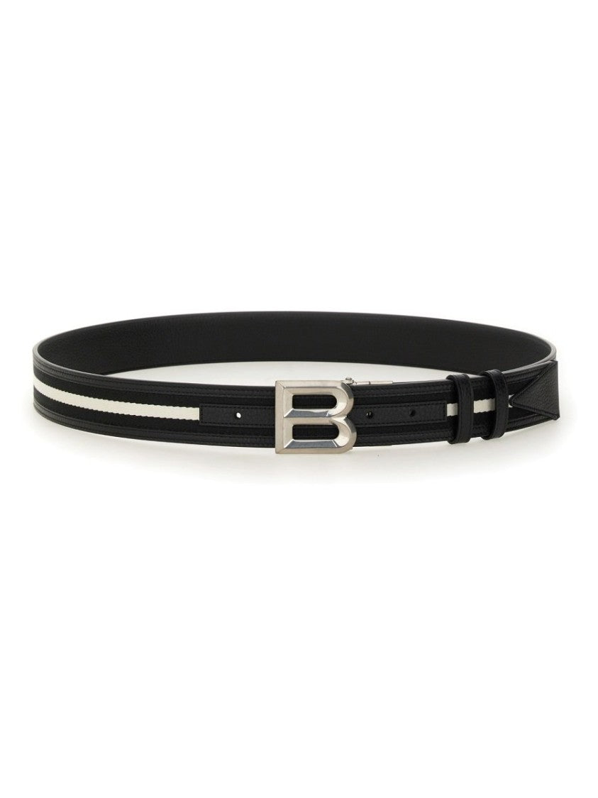 Bally Black Leather Belt With Parallel White Stripes
