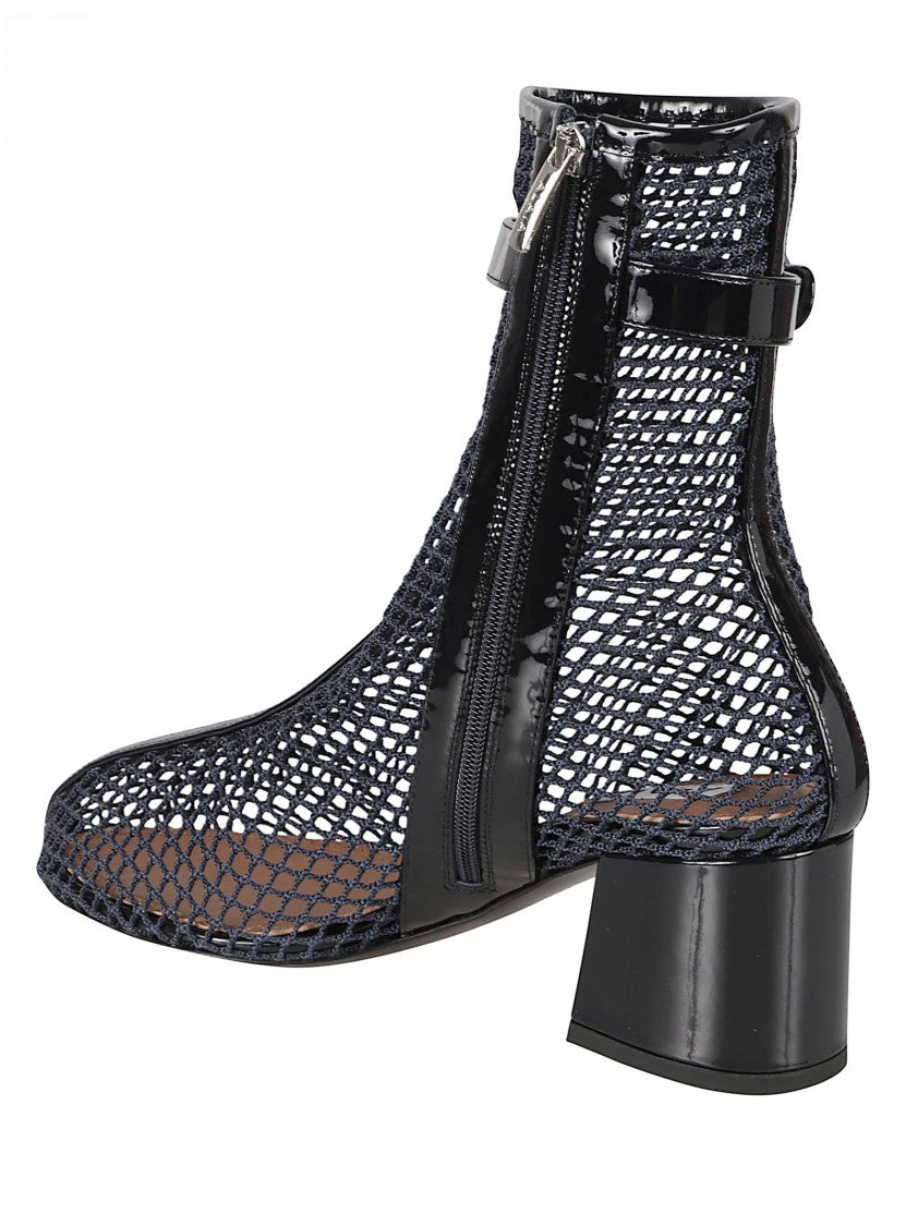 Alaïa Mesh Overlay Ankle Boots With Block Heel And Silver Buckle