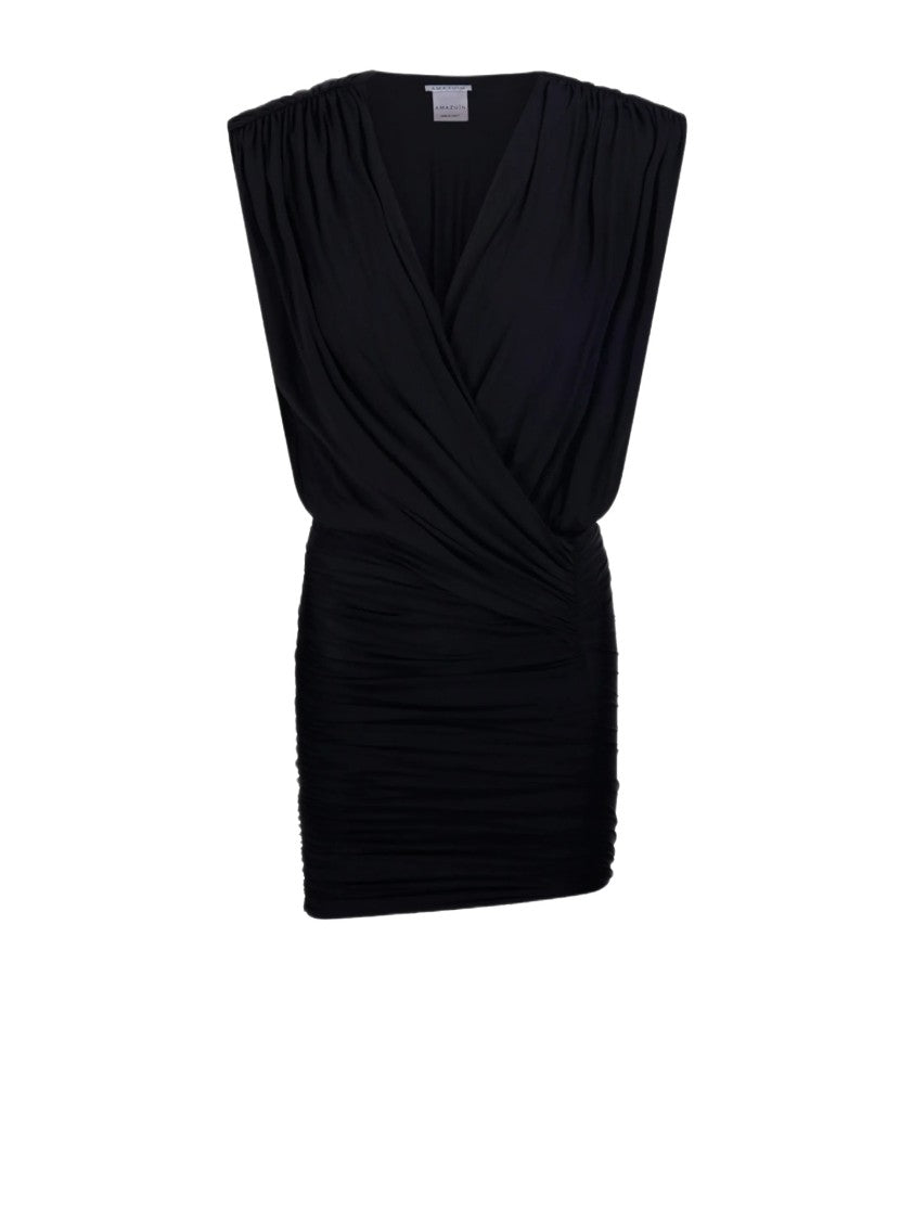 Amazuin Draped Black Mini Dress With Gathered Shoulders And Asymmetrical Hem
