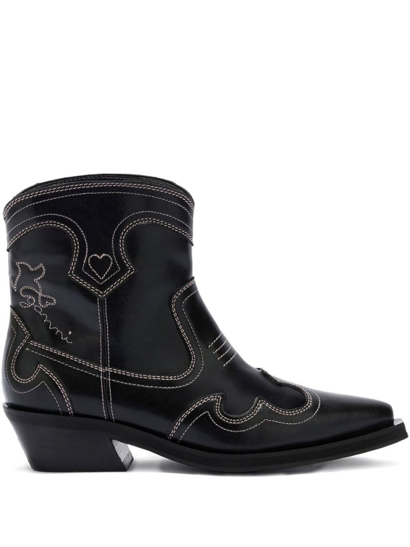 Ganni Pointed Toe Ankle Boots With Western-Inspired Detailing