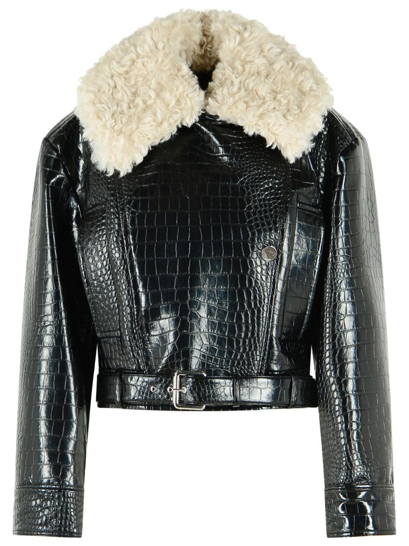 Sportmax Black Patent Leather Jacket With Crocodile Print And Belted Waist