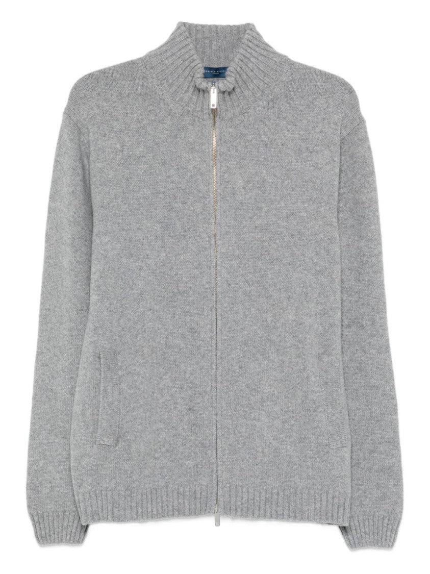 Daniele Fiesoli Full-Zip Grey Wool Sweater With Ribbed Details