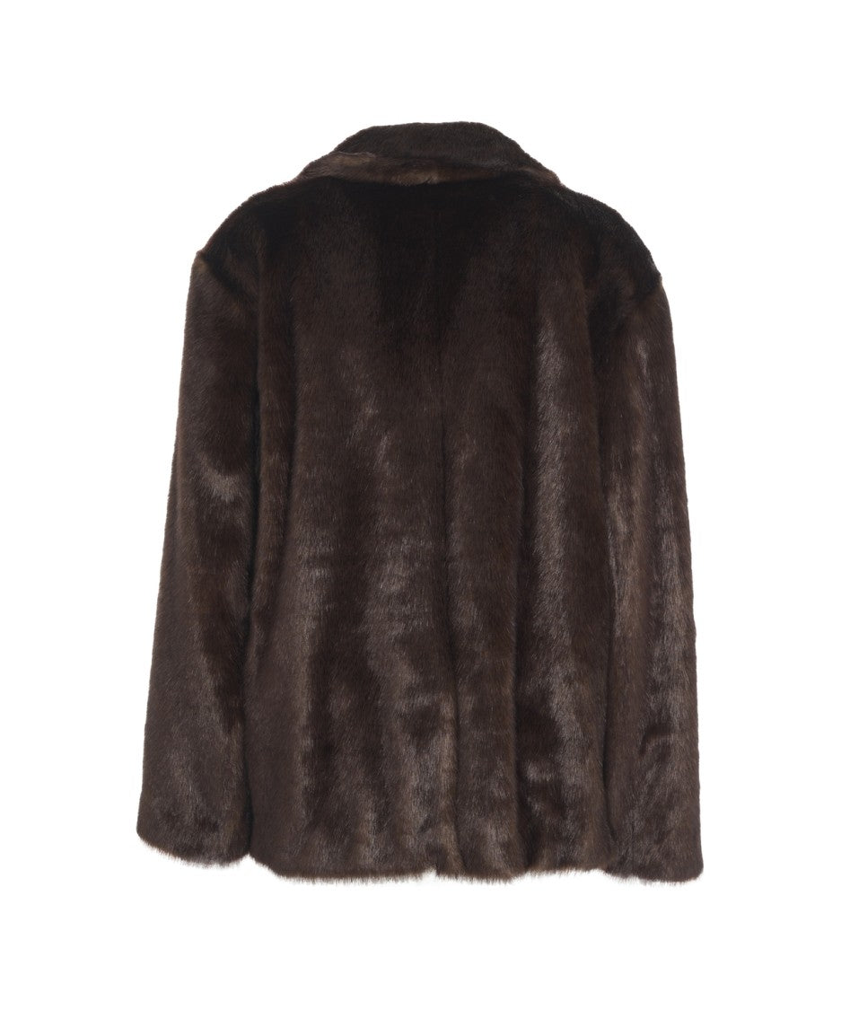 Stand Studio Rich Brown Faux Fur Jacket With Classic Collar