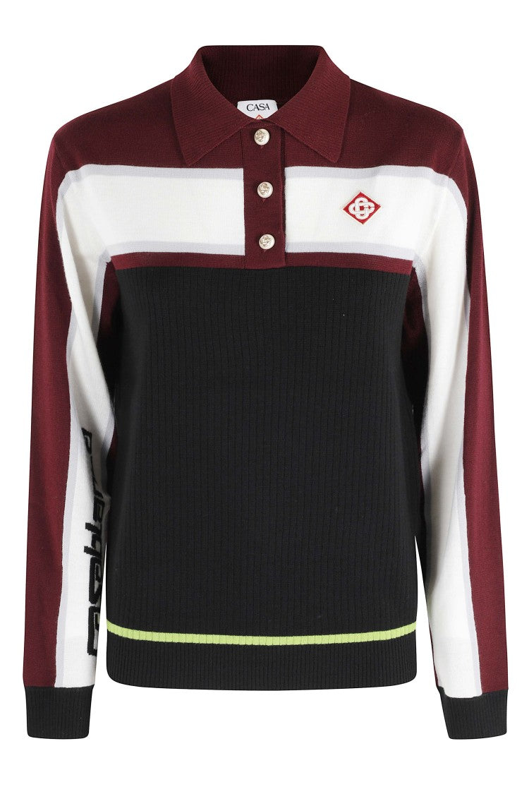 Casablanca Black Burgundy White Striped Oversized Merino-Blend Polo Shirt
