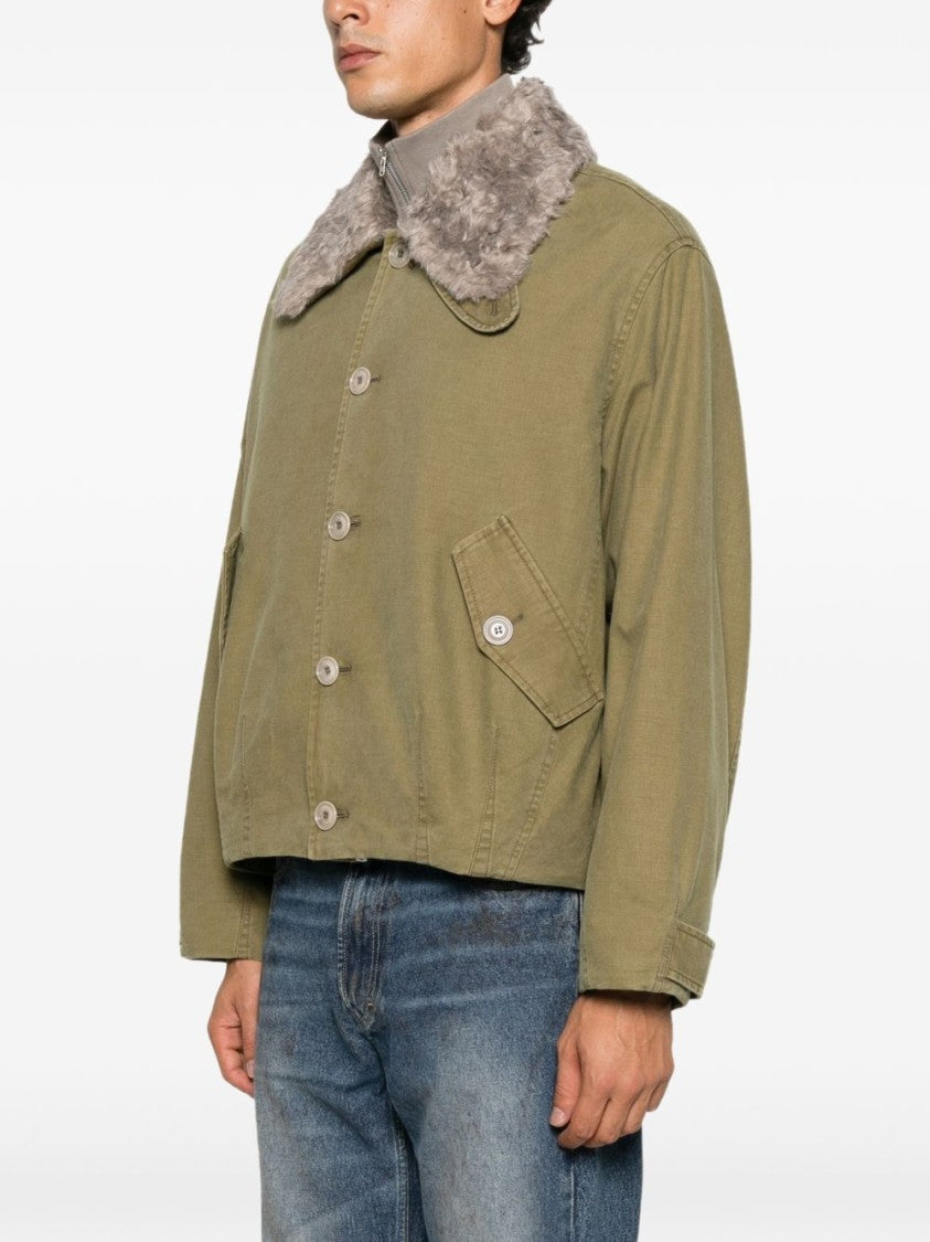 Our Legacy Olive Green Aerial Shearling Collar Cropped Jacket