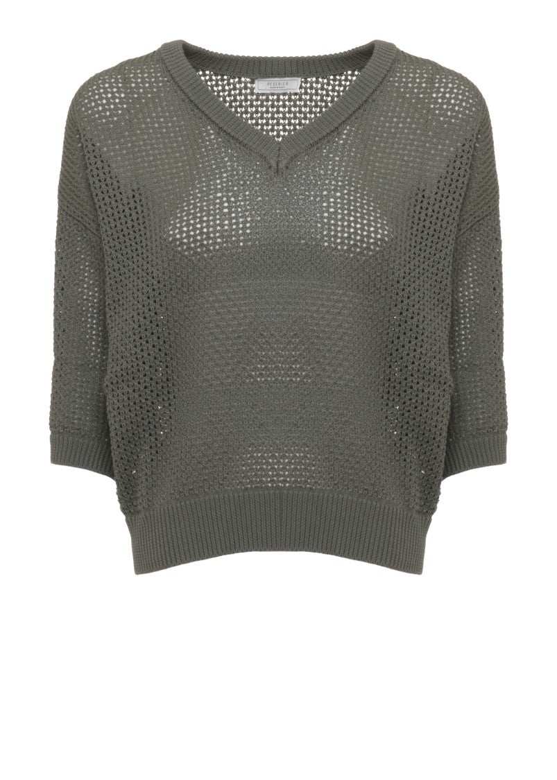 Peserico Grey V-Neck Perforated Sweater