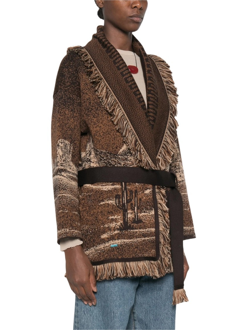 Alanui Shawl Collar Cardigan With Fringe Detailing And Desert Landscape