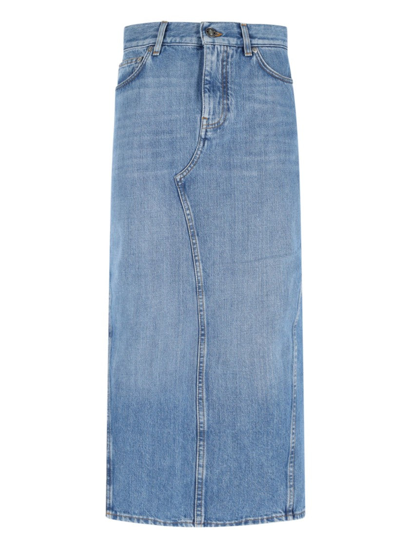 Givenchy Side Slit Midi Denim Skirt With Logo Patch