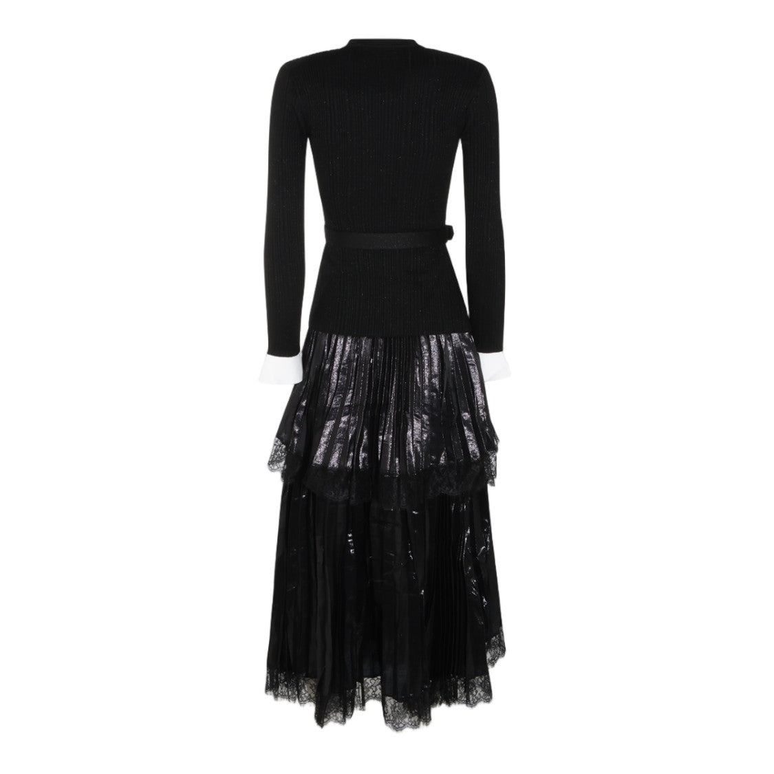 Self-Portrait Fitted Ribbed Knit Pleated Jewel Button Midi Dress