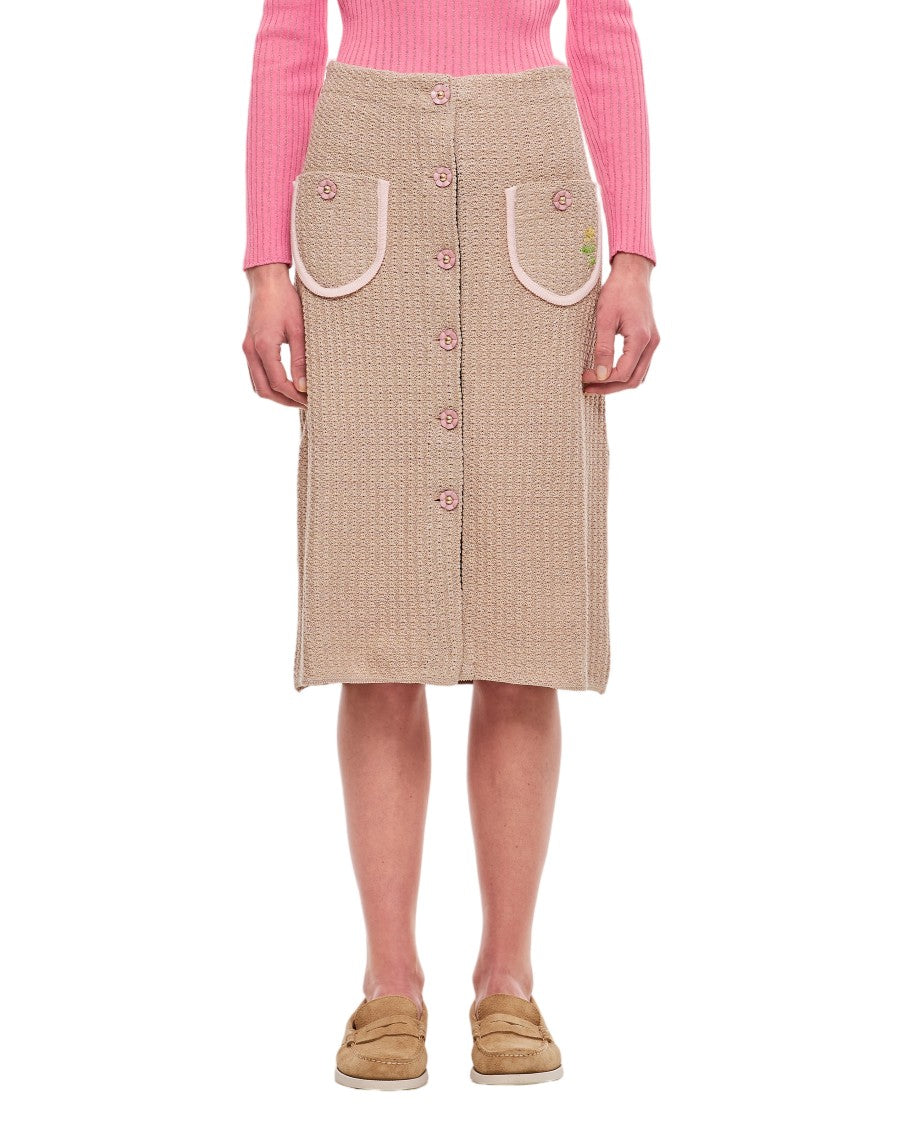 Cormio Beige Knit Midi Skirt With Embroidered Flower Pockets