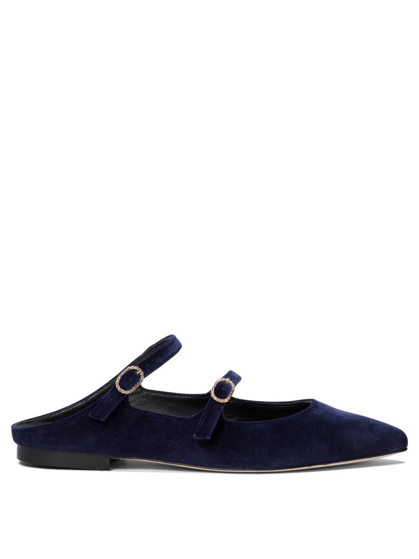 Amato Daniele Velvet Blue Loafers With Pointed Toe And Buckle Detail