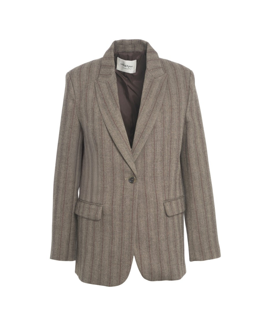 Ottod'ame Brown Pinstripe Blazer With Tailored Fit And Flap Pockets