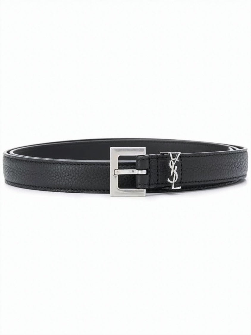 Saint Laurent Textured Calf Leather Belt With Silver Buckle Detail