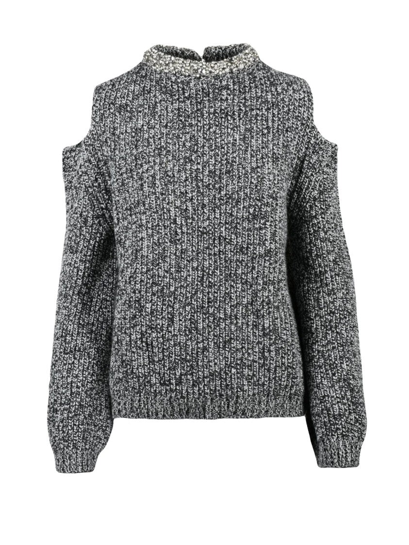 Circus Hotel Marled Grey And Black Chunky Knit Sweater With Shoulder Slits