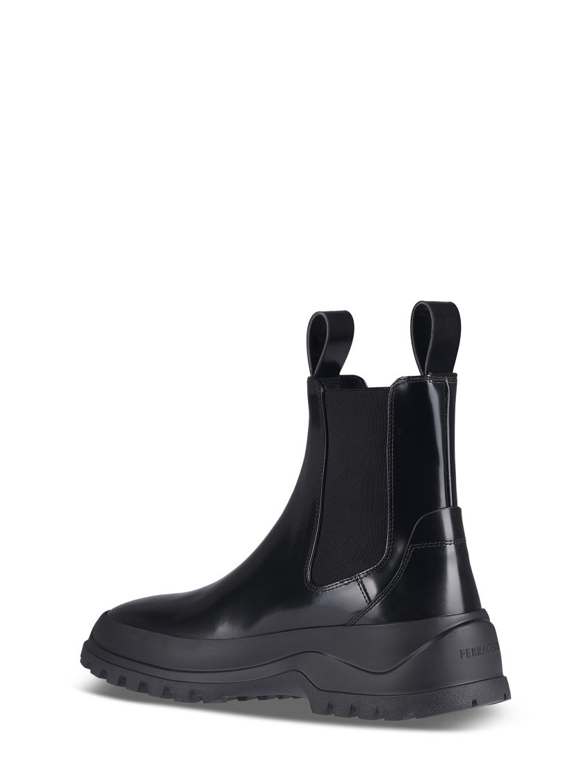 Ferragamo Black Calf Leather Boots With Chunky Rubber Sole
