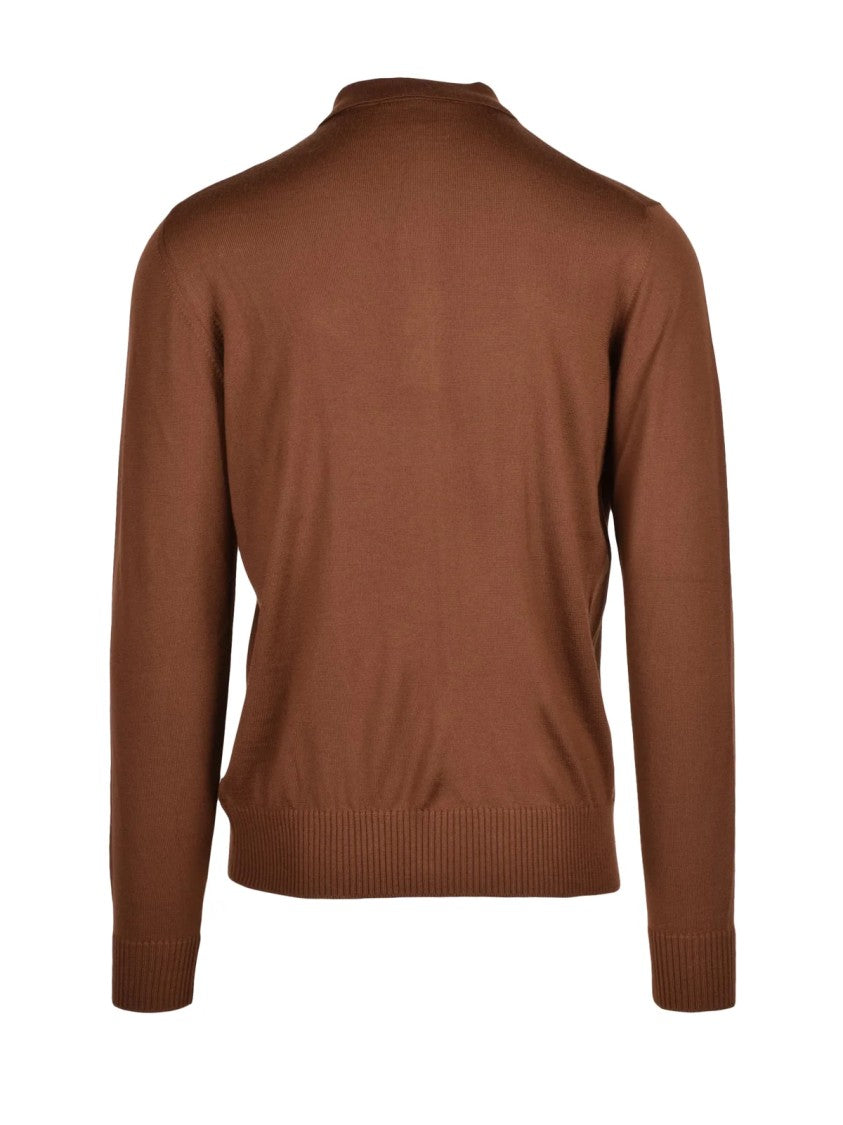 Alpha Studio Brown Extrafine Merino Wool Long-Sleeve Polo Shirt