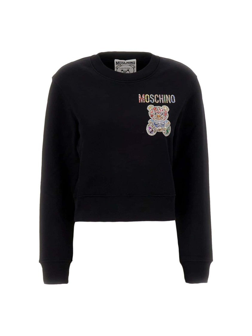 Moschino Cropped Black Sweatshirt Embellished Teddy Logo
